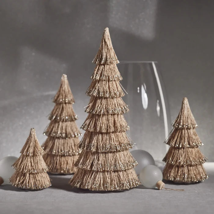 ABACA ROPE ALL-NATURAL TREE W/ CHAMPAGNE GLITTER 12"