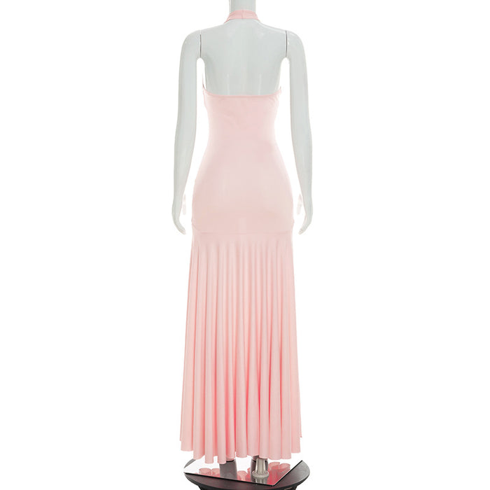 Aneva Halter Neck Fit and Flare Maxi Dress - Pink