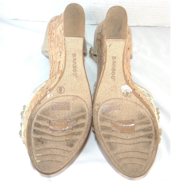 Bamboo Womens Champagne Gold Floral Lace Cork Wedge Platform Sandals Size 107