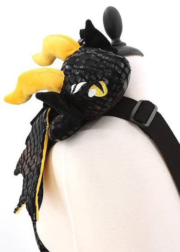 Sleepyville Critters Black Dragon Plush Sling Backpack in black gold with 3D dragon plush and wing detail on rave festival sling backpack — horn detail view