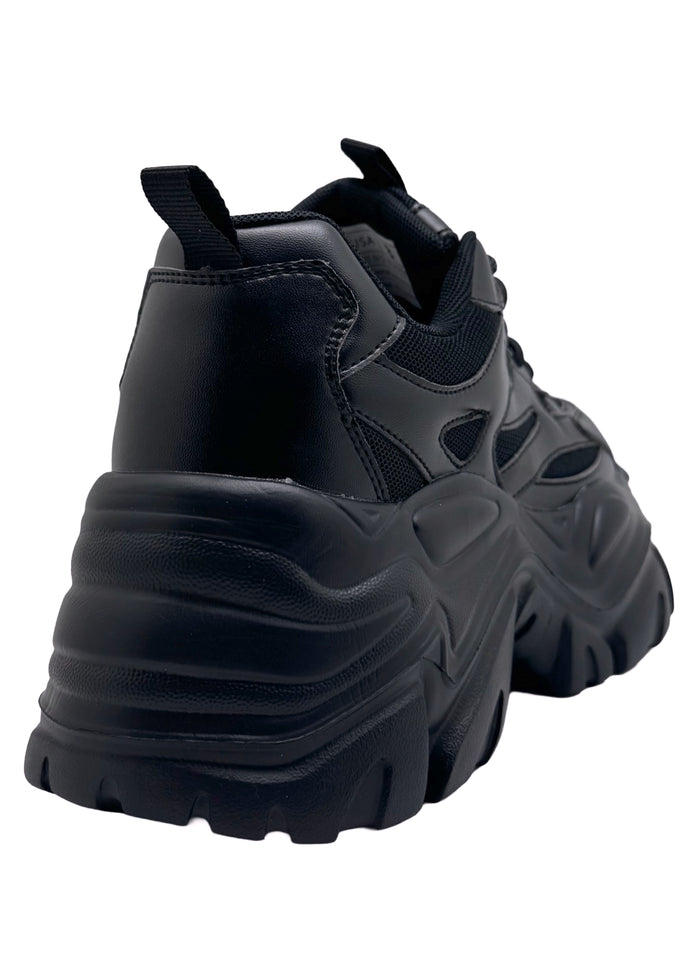 Berness BLAIR 06 Pitch Black Rave Platform Sneakers in black vegan leather showing chunky platform height and traction outsole — back view