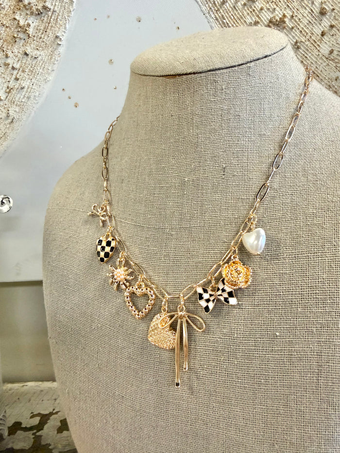 Bow Checker Heart Floral Charm Necklace