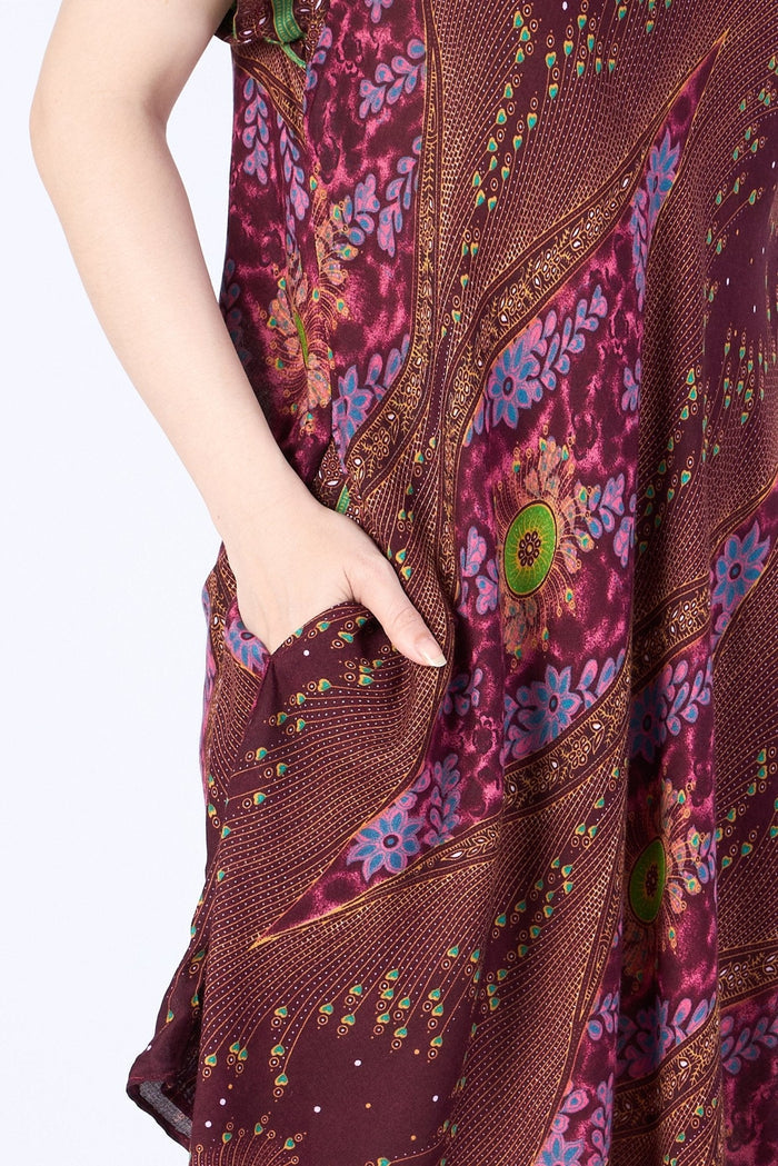 Burgundy Flower Eye Dress with Sleeves and Two Pockets - Lannaclothesdesign Shop