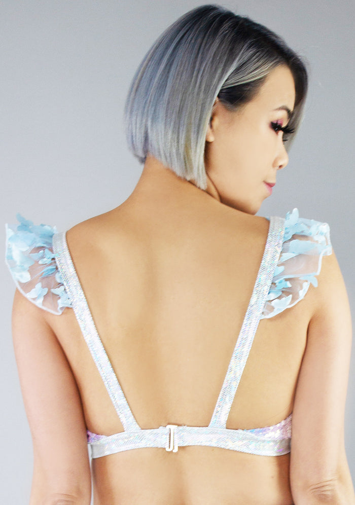 Roma Butterfly Magic Sequin Ruffle Top in lavender blue — model back view