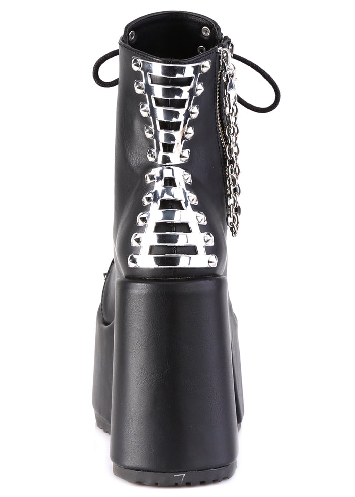 Demonia CAMEL 208 Punk Goth Black Rave Platform Boots in black vegan leather showing dual metal zipper detail and wrapped platform heel — back view