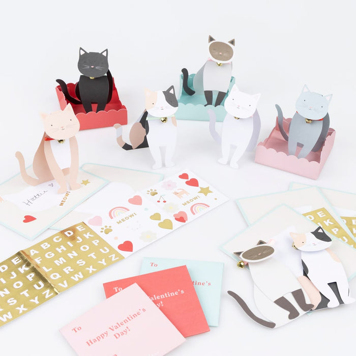 Collection of Valentine's Day cards with cat illustrations on a white background