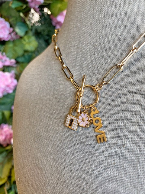 Cluster Charm Lock Flower Love Toggle Necklace