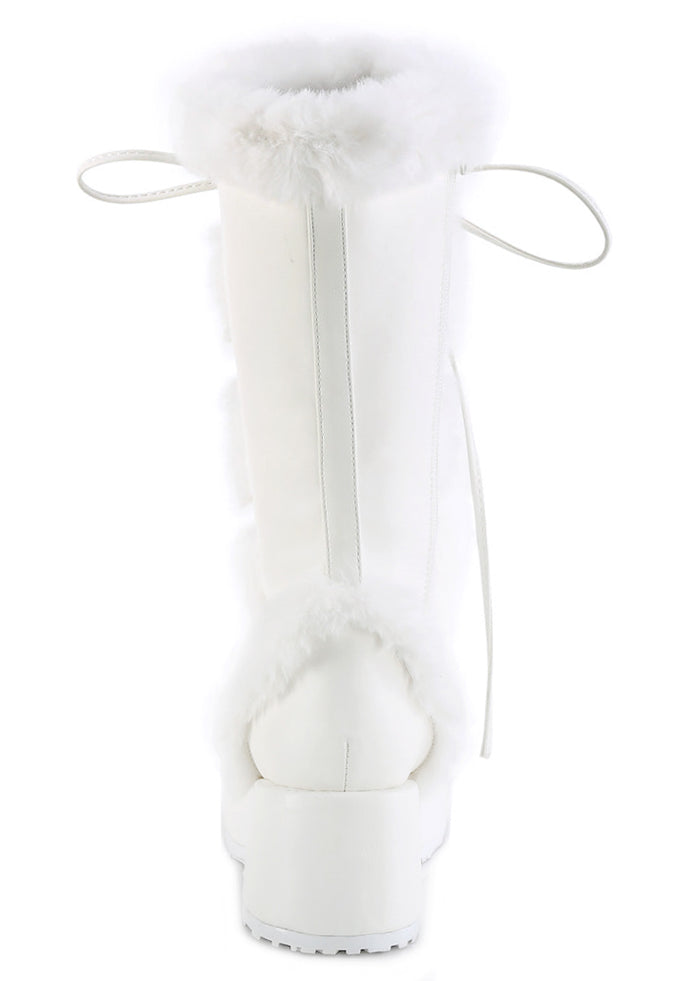 Demonia CUBBY 311 White Rave Platform Boots in white vegan suede showing mid-calf height and inner zipper closure — back view