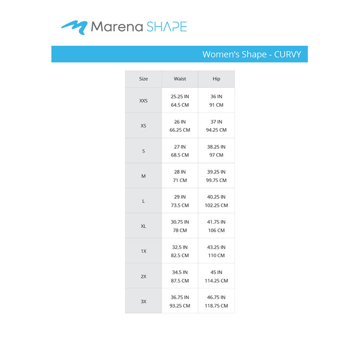 Marena Shape Women's Curvy size chart, waist hips point of measure