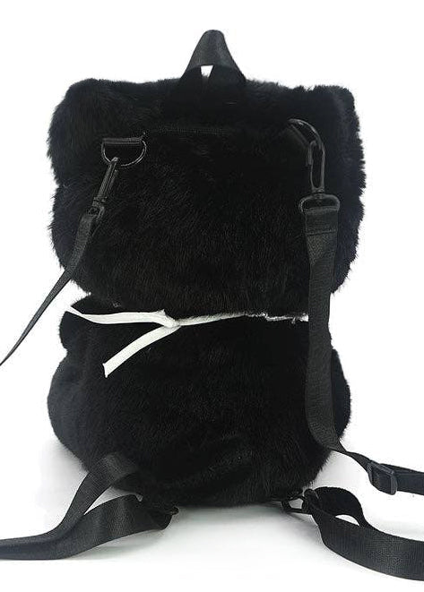 Sleepyville Critters Cute Tuxedo Cat Plush Backpack in black/white with 3D tuxedo cat plush design and adjustable straps on rave festival backpack — back view
