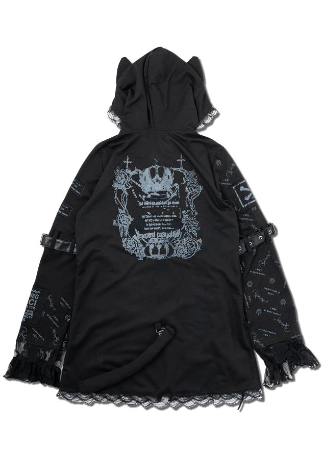 ACDC Rag Dark Gothic Cat Ear Punk Crown Zip Jacket showing gothic crown rose graphic and buckle straps — back view
