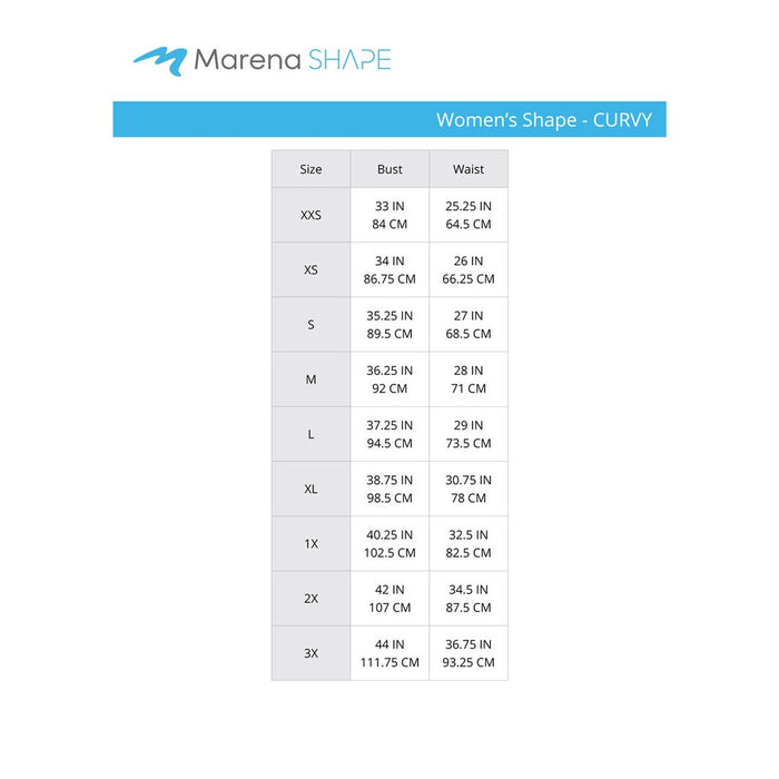 Marena Women's Shape Curvy size chart, bust waist point of measure