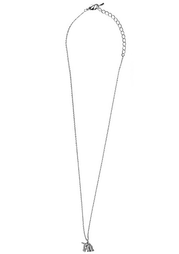 Wanderlust + Co Emoji Unicorn Necklace in silver with unicorn emoji pendant on silver plated stainless steel chain festival necklace — side view