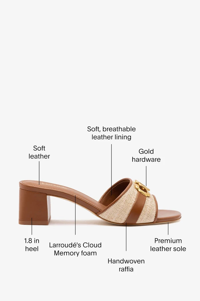 Franca Block Sandal In Natural Raffia And Caramel Leather Mule Larroudé