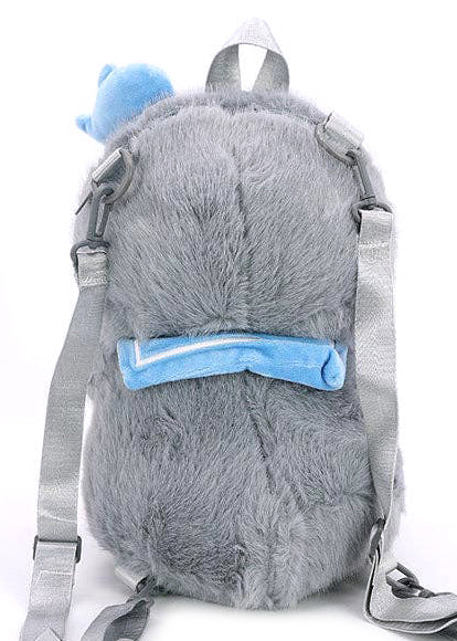 Sleepyville Critters Furry Penguin Plush Backpack in grey with 3D penguin plush design and adjustable straps on rave festival backpack — back view
