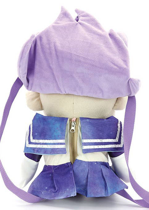 Sleepyville Critters Galaxy Defender Anime Girl Plush Backpack in purple multi with 3D anime sailor girl plush and cosplay armor detail on rave festival backpack — face detail view
