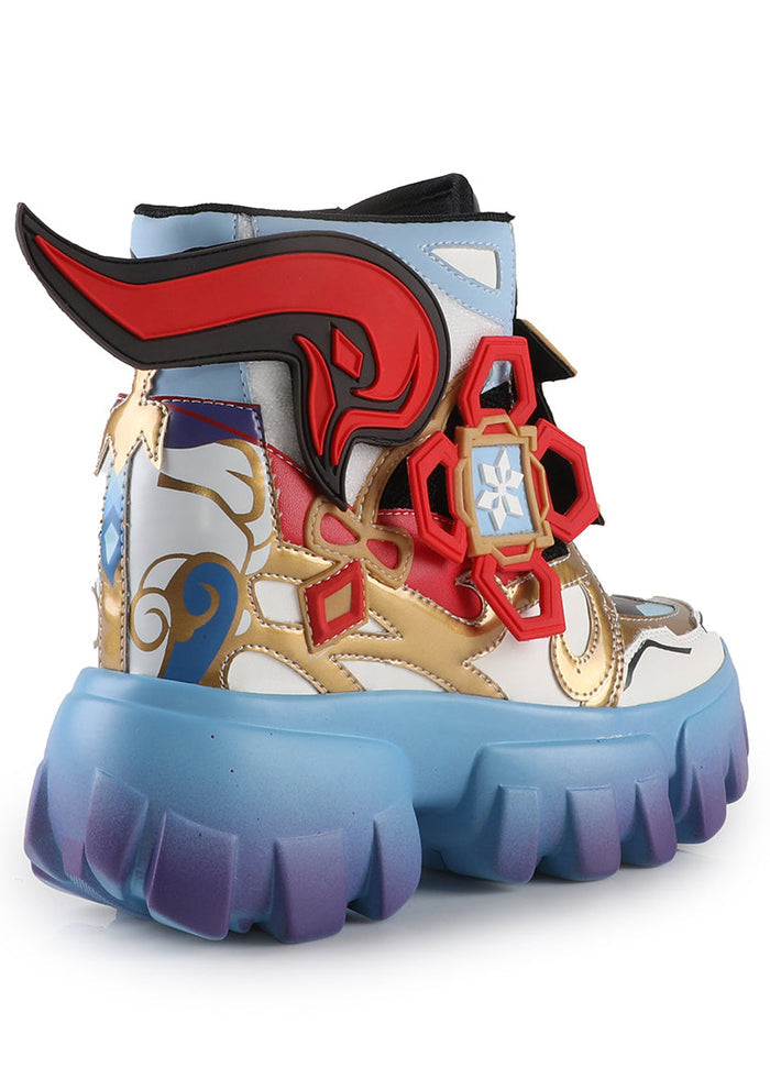 Rear angle studio shot of Anthony Wang Genshin Impact Ganyu Anime Blue platform sneakers highlighting the heel construction and intricate multi-layered panels
