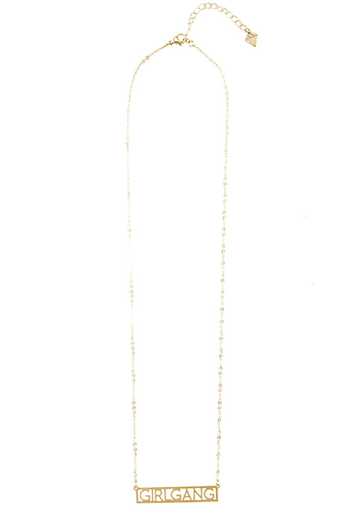 Wanderlust + Co Girlgang Necklace in gold with girlgang font pendant on 24k plated stainless steel chain necklace — pendant detail view