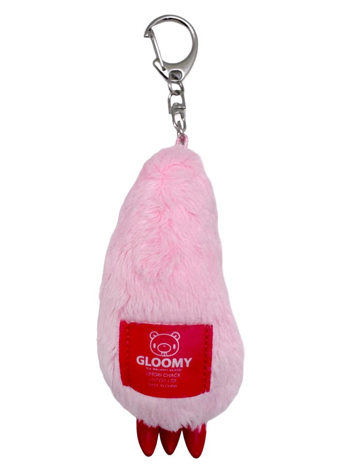 Gloomy Bear Bloody Claw Pink Plush Mascot Keychain in pink with Gloomy Bear plush and plastic bloody claw detail on metal clasp festival keychain — back view