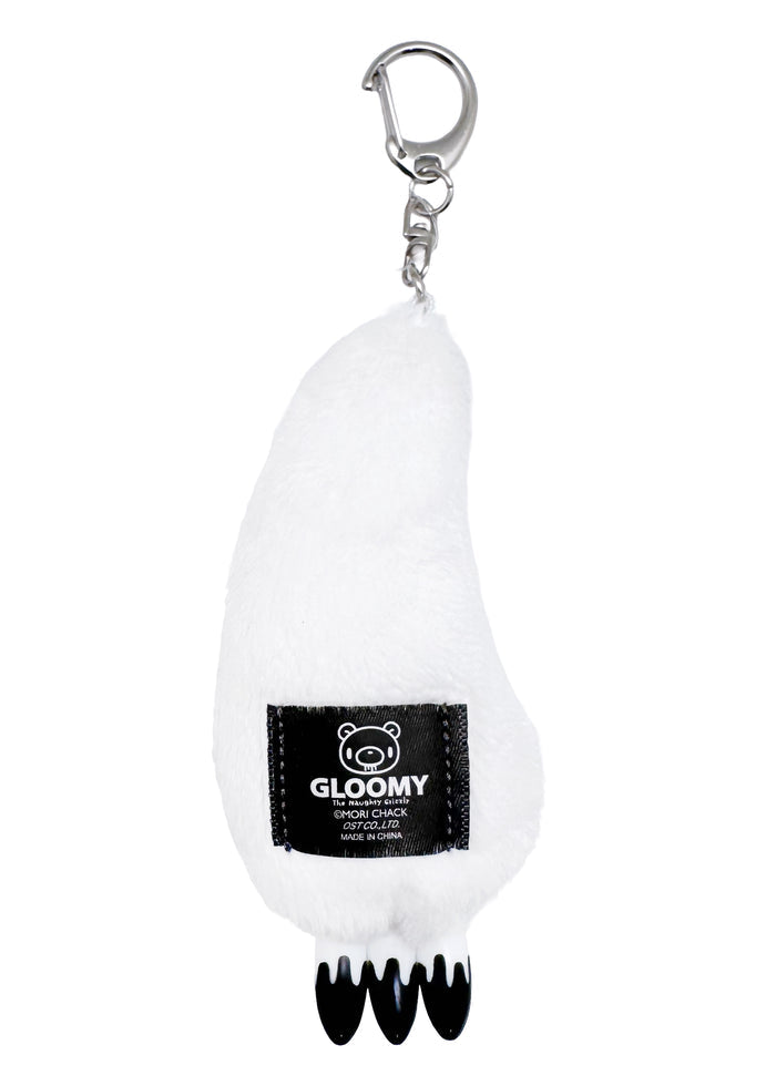 Gloomy Bear Bloody Claw White Plush Mascot Keychain in white with Gloomy Bear plush and plastic bloody claw detail on metal clasp festival keychain — back view