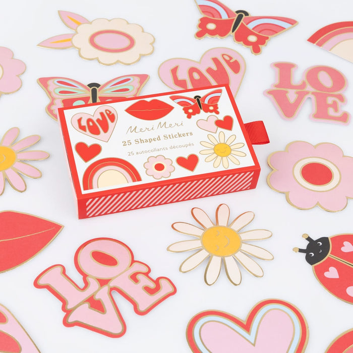Meri Meri shaped stickers with 'LOVE' and butterfly designs on a white background