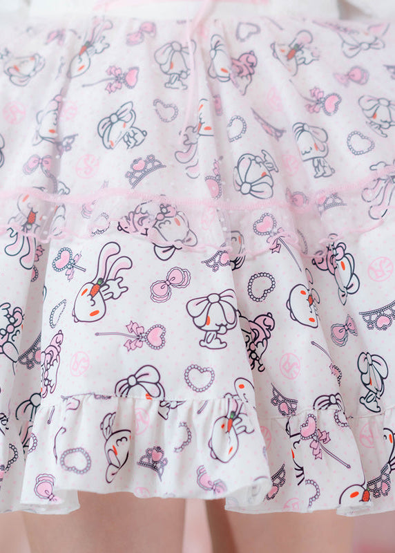 ACDC Rag Hanyo Usagi Chax Bunny Jumper White Dress in white and pink with layered polka dot mesh ruffle skirt on jumper dress — ruffle skirt hem detail