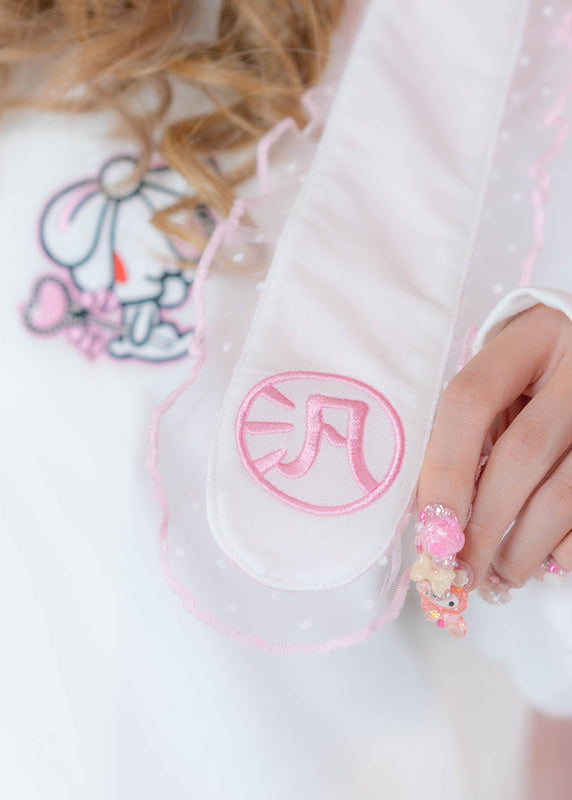 ACDC Rag Hanyo Usagi Chax Bunny White Zip Up Hoodie in white fleece fabric on rave festival hoodie — fabric close-up