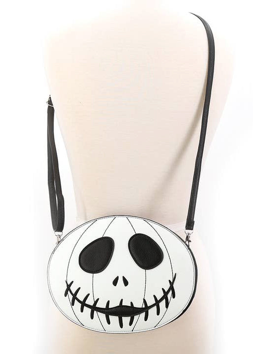 Sleepyville Critters Jack Double Expression Glow in the Dark Crossbody in black white with dual-sided Jack O'Lantern glow print on Halloween rave crossbody — model view