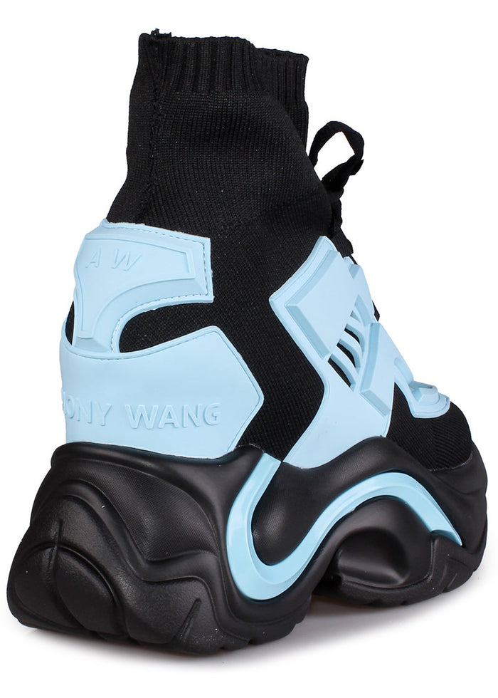 Three-quarter studio view of Anthony Wang JUPITER 08 Neko Synth Blue platform sneakers showcasing the sleek high wedge design and heavy-duty traction outsole