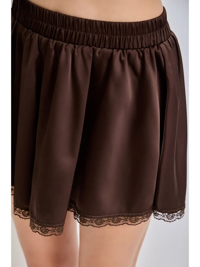 Lace Trim Elastic Waist Satin Mini Skort