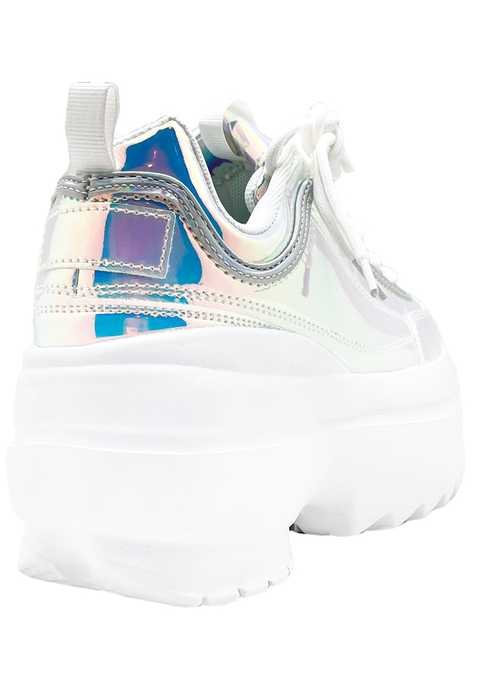 Close-up rear shot of the chunky 2-inch white platform outsoles, highlighting the rugged tread texture built for festival dance floor comfort.