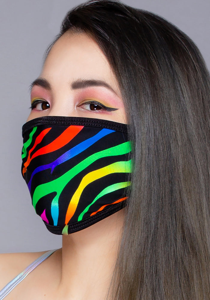 BGlittz Lisa Frank Dust Mask in multi with rainbow zebra Lisa Frank print on breathable nylon rave festival face mask — model view