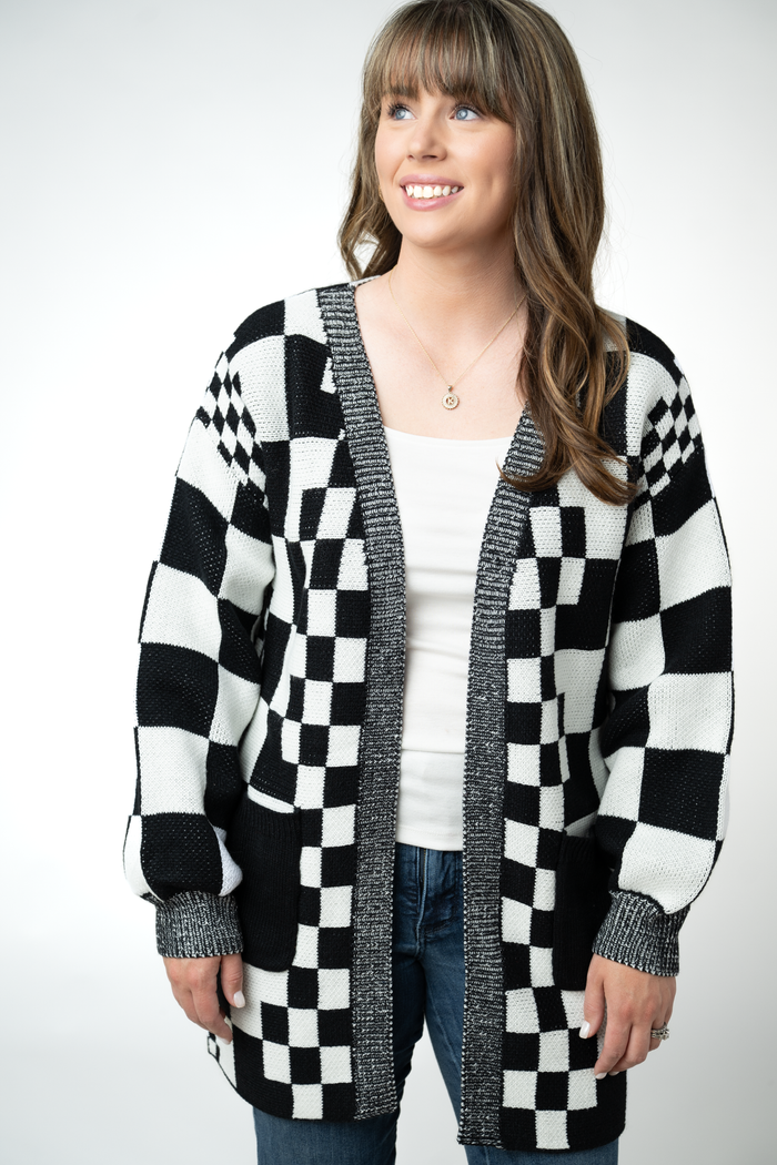 Long Checkered Pocket Cardigan - Black and White