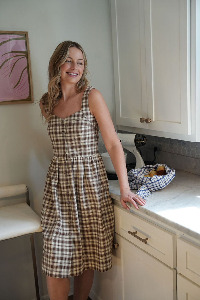 Mia Linen Dress in Brown and Cream Cotton - L Left