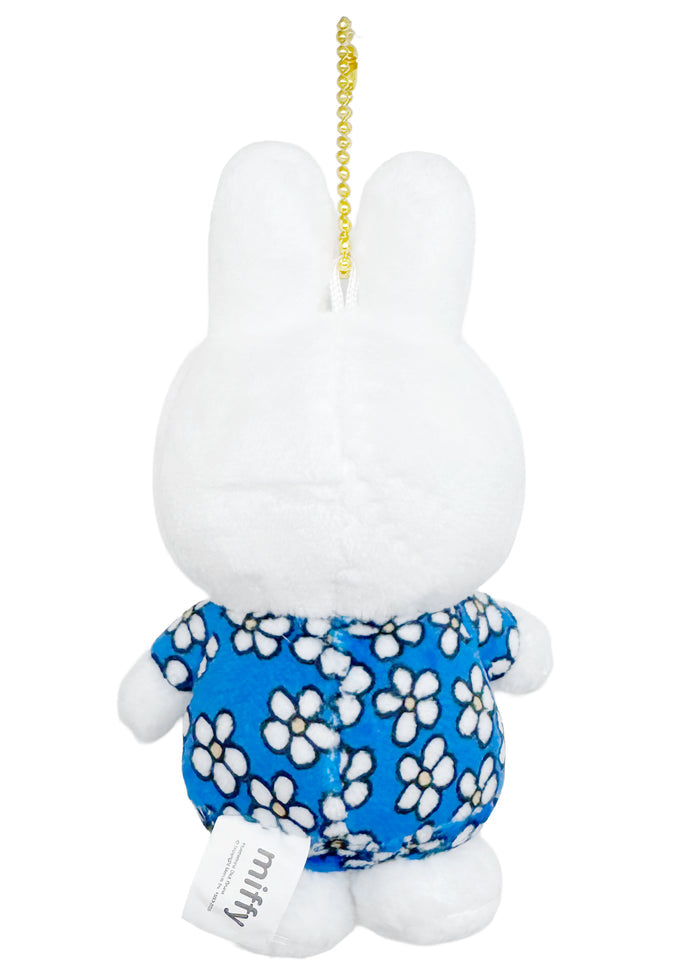 Miffy Flower Plush Mascot Keychain in white blue with Miffy in floral dress on soft plush mascot kawaii keychain — back view