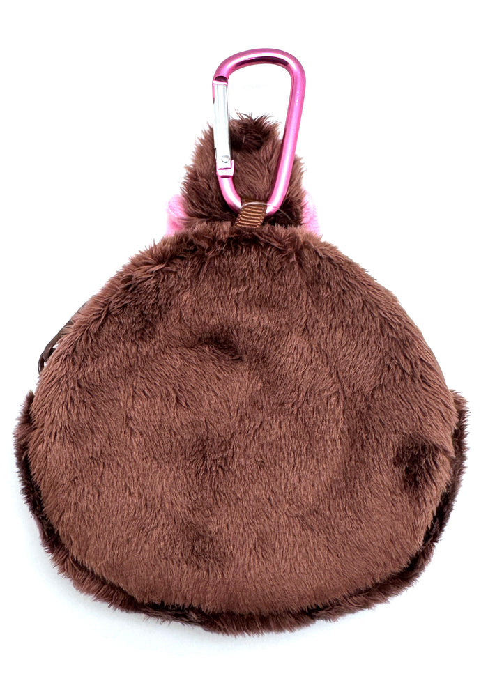 Sekiguchi Monchhichi-Chan Face Plush Carabiner Coin Pouch in brown with embroidered Monchhichi-Chan face on soft plush kawaii wristlet — back view