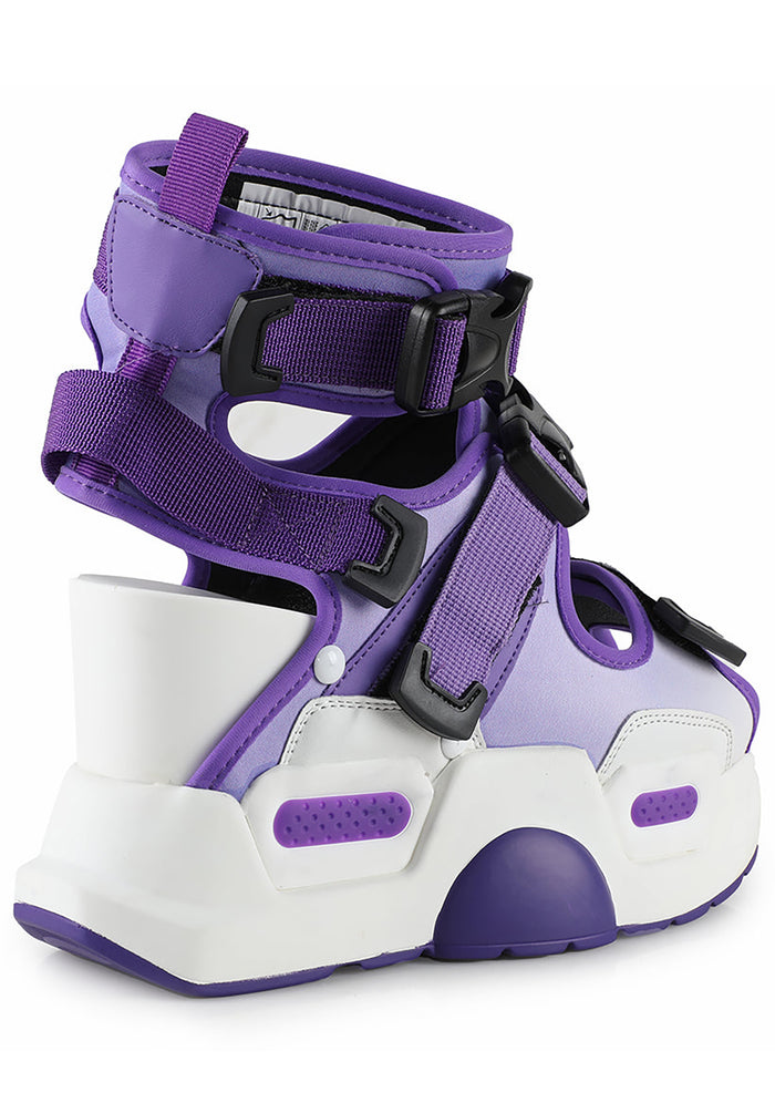 Studio shot from the back of Anthony Wang MULBERRY 03 Metamorphosis purple platform sandals detailing the adjustable velcro heel straps and aggressive platform tread blocks