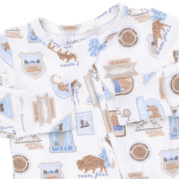 Baby onesies with outdoor-themed graphics and text on a white background