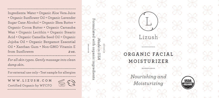 Label of Organic Facial Moisturizer - Natural nourishing face cream jar overview | Lizush