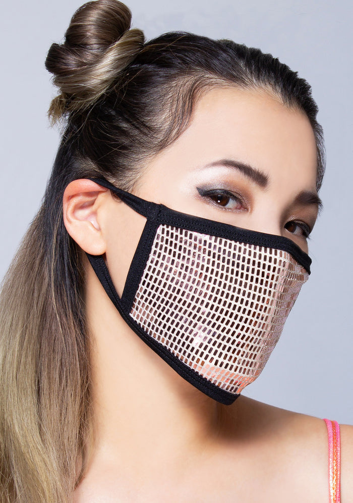 BGlittz Palm Springs Disco Dust Mask in metallic gold with all-over metallic gold plated detail on breathable nylon rave festival face mask — model side view