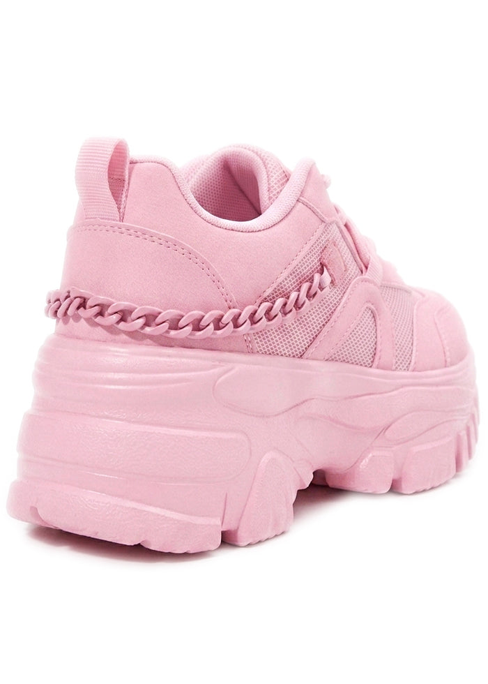 Berness Paola Kawaii Chaos Pink Platform Sneakers in pink with matching chain detail on chunky platform sneaker — back view
