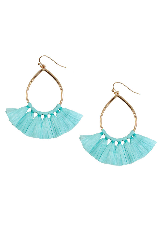 Erimish Paradise Cha Cha Earring in turquoise gold with fan design teardrop shaped hoop on punk earring — front view