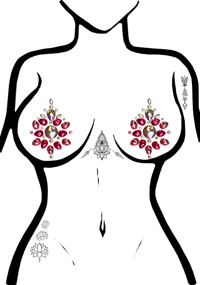 Leg Avenue Phoenix Jeweled Nipple Pasties in multicolor with waterproof adhesive on festival tops — model view