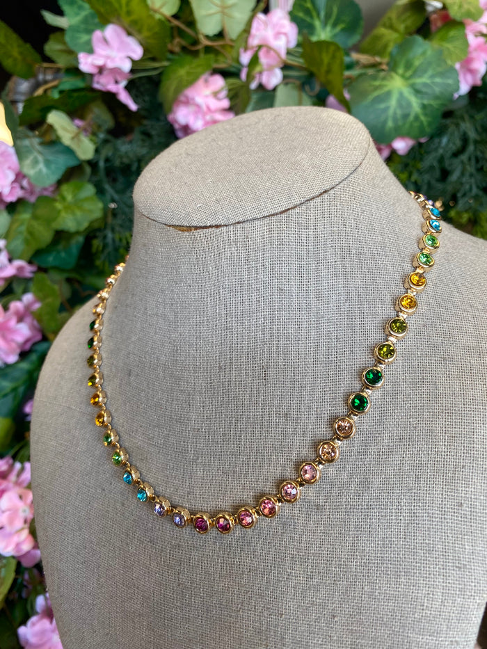Rainbow Bezel-Set Gemstone Tennis Necklace