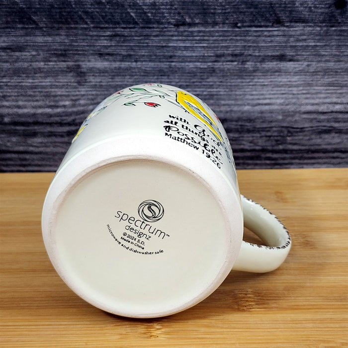 Religious Matthew 19:26 Inspiration Coffee Mug Floral Yellow Bird Cup Blue Sky