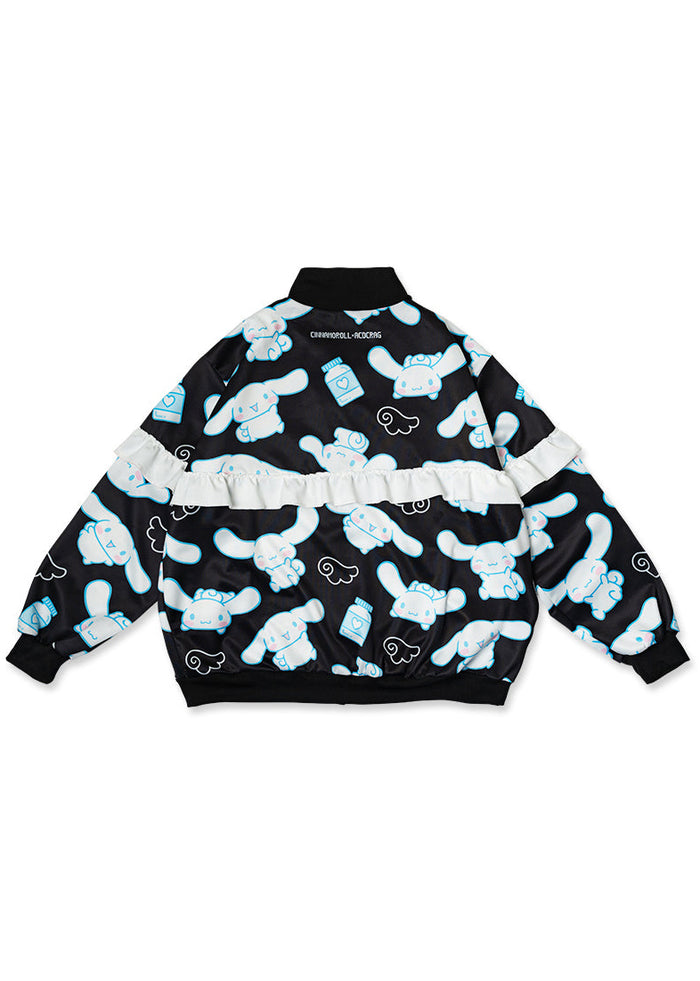 ACDC Rag x Sanrio Cinnamoroll Black Frill Oversized Jacket in black with white ruffle collar on kawaii oversized jacket — back flat lay