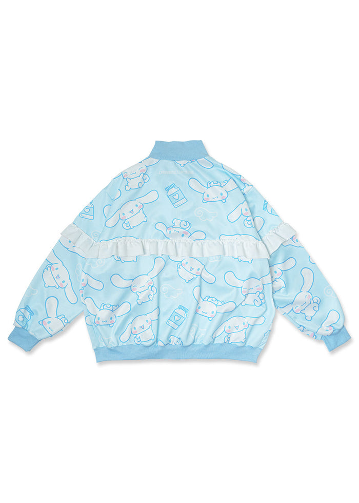 ACDC Rag x Sanrio Cinnamoroll Blue Frill Oversized Jacket in blue with white ruffle collar on kawaii oversized jacket — back flat lay