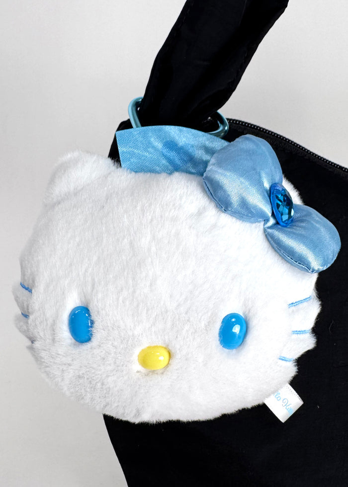 Sanrio Hello Kitty Bow Plush Mascot Carabiner with Mirror in white blue with Hello Kitty bow plush and built-in compact mirror on carabiner — detail view