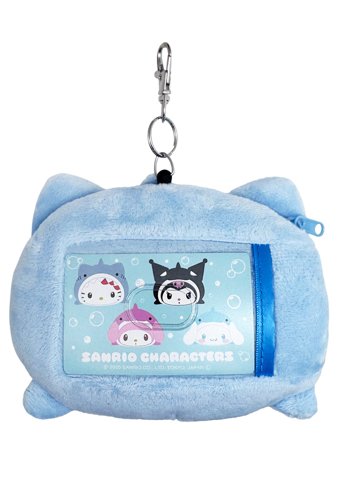 Sanrio Hello Kitty Jaws Cosplay Retractable Cord Pass Holder Plush Mascot in blue with Hello Kitty in Jaws shark costume on retractable cord pass holder — back view