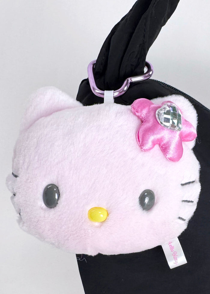 Sanrio Hello Kitty Pink Plush Mascot Carabiner with Mirror in pink with Hello Kitty plush and built-in compact mirror on carabiner — detail view